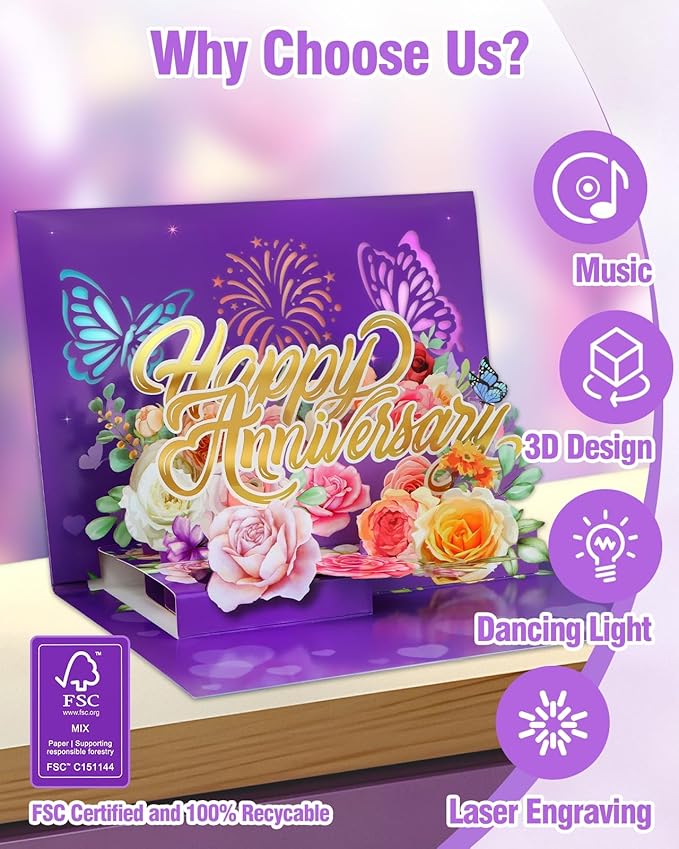 FaCraft Anniversary Card - 3D Pop Up Happy Anniversary Cards for Wife Husband, Music & Light Wedding Anniversary Card for Him Her, with Blank Insert Envelope and Seal (Roses Butterflies Theme)