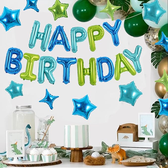 TONIFUL 35PCS Blue Green Happy Birthday Decorations Kit 16 Inch Happy Birthday Balloon Banner with Star Balloons Mylar Foil Birthday Party Decorations Supplies for Men Women Adults Girls Boys Kids