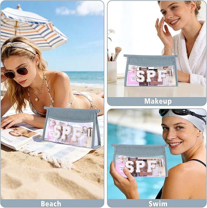 SPF Sunscreen Bag Clear Makeup Bag Chenille Letter SPF Cosmetic Zipper Pouch Summer Beach Essential Cute Toiletry Pouch Travel Accessories Gifts for Women