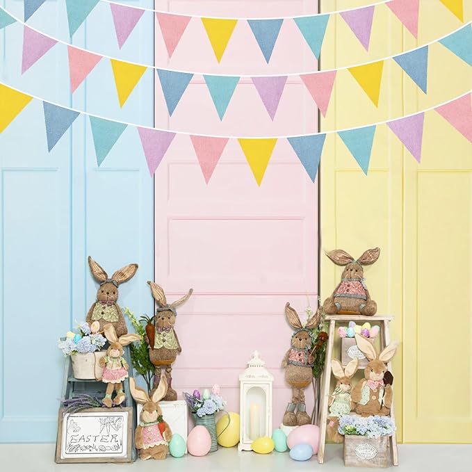 46Ft Pastel Party Decorations Macaron Burlap Banner Triangle Pennant Flag Macaron Linen Bunting Garland Streamers for Vintage Pastel Birthday Wedding Baby Shower Easter Spring Party Decorations