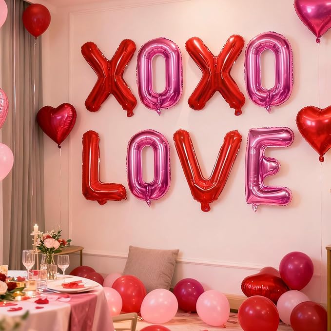 Red Pink XOXO Balloons and Love Balloon, 16 Inch Valentines Day Hot Pink Red XO Love Foil Letters Balloon Banner for Romantic Valentine Galentines Anniversary Bridal Shower Engagement Party Decoration