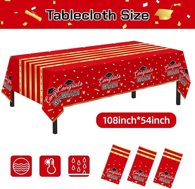 Childom 3 Pack Graduation Tablecloth,Graduation Decorations Class of 2026 Graduation Party Decorations,54"x108" Red and Gold Plastic Table Cloth Disposable Rectangle for Home,School,Party Supplies