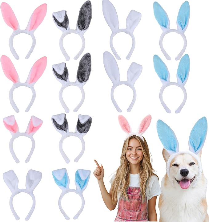 12Pcs Bunny Ears Headbands Plush Cute Rabbit Ear Hairbands Bunny Easter Halloween Costume Party Favors
