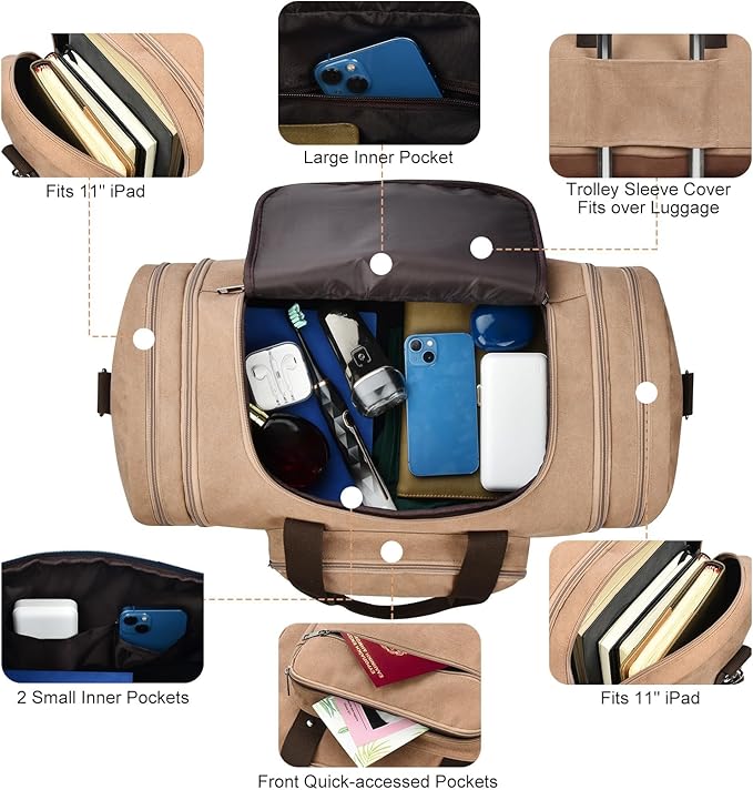 Litvyak Duffle Bag for Travel, 50L Canvas Travel Duffel Bags Overnight Weekend Gym Carry On Luggage Bag for Men & Women(Coffee)