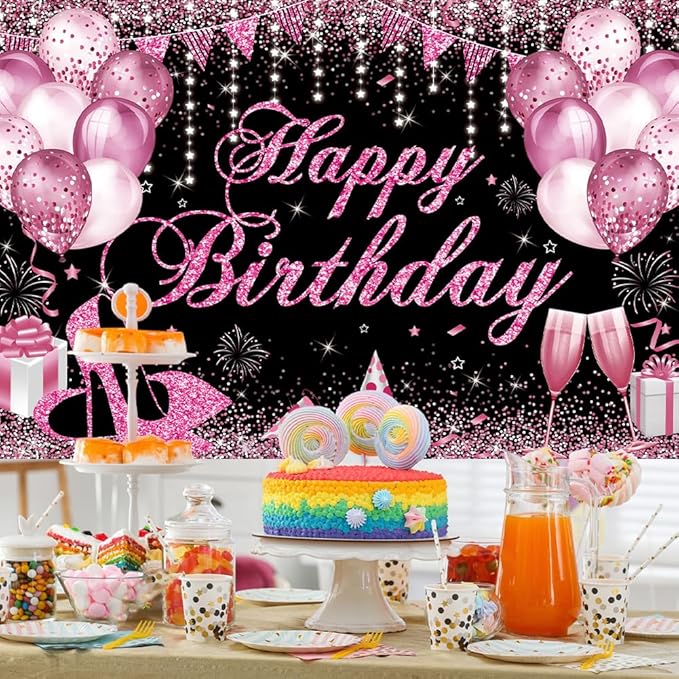 Happy Birthday Banner - Birthday Decorations for Women Girls Pink Birthday Party Banners Welcome Happy Birthday Background Sign for Theme Party Decorations Indoor Outdoor
