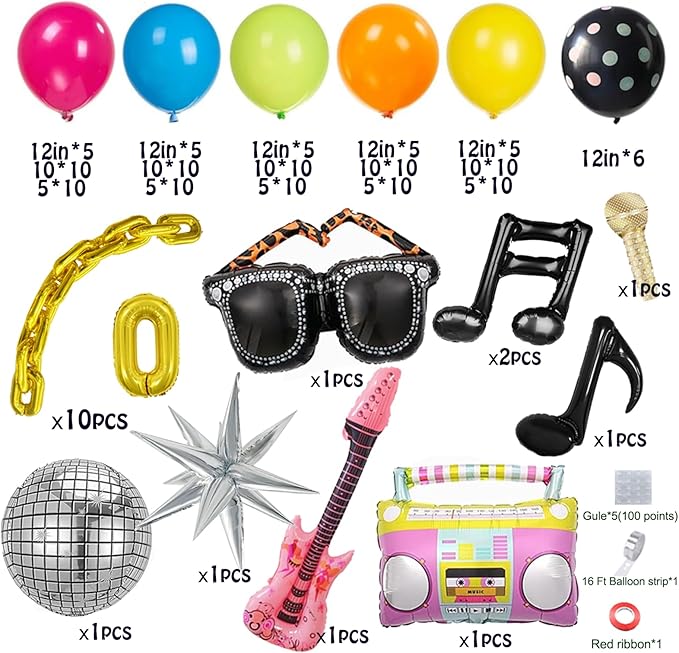 90s 80s Disco Theme Party Decorations, 151Pcs Balloon Arch Kit with Disco Ball, Retro Glasses, Musical Note, Guitar & Star Foil Balloons for Back to 80s 90s disco Birthday party