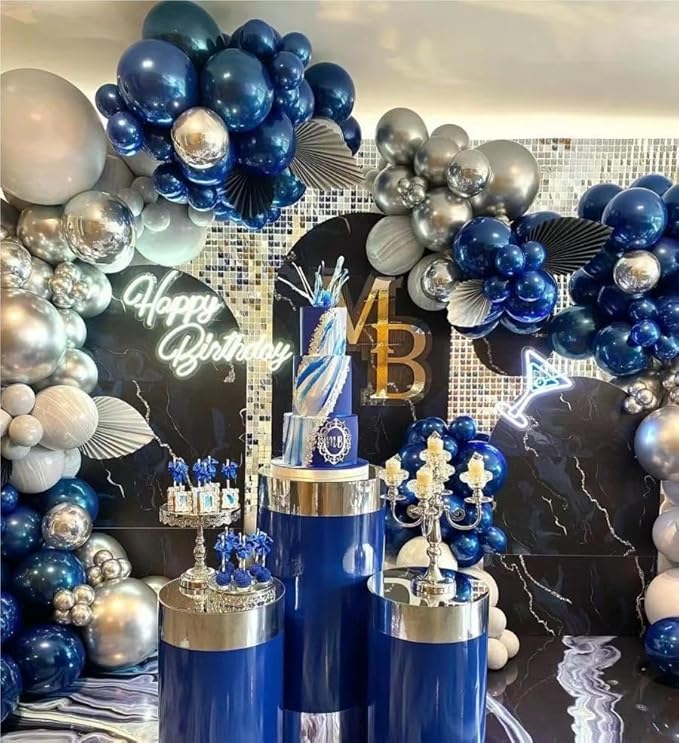 Blue White Silver Balloons Garland Arch Kit, 141Pcs Latex Balloons Different Sizes 18 12 10 5 Inch for Birthday Anniversary Graduation Wedding Party Decorations
