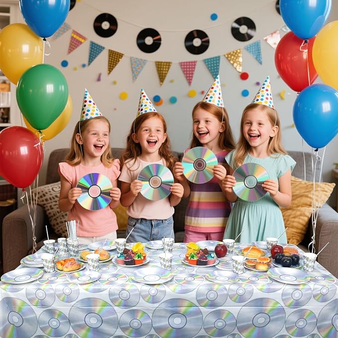 4 Pieces 90s Theme Party Tablecloth Decorations, Retro CD Music Table Cover, 1990's Supplies, Back to The 90's Party Tablecovers for Birthday, 51 x 86.5 Inch