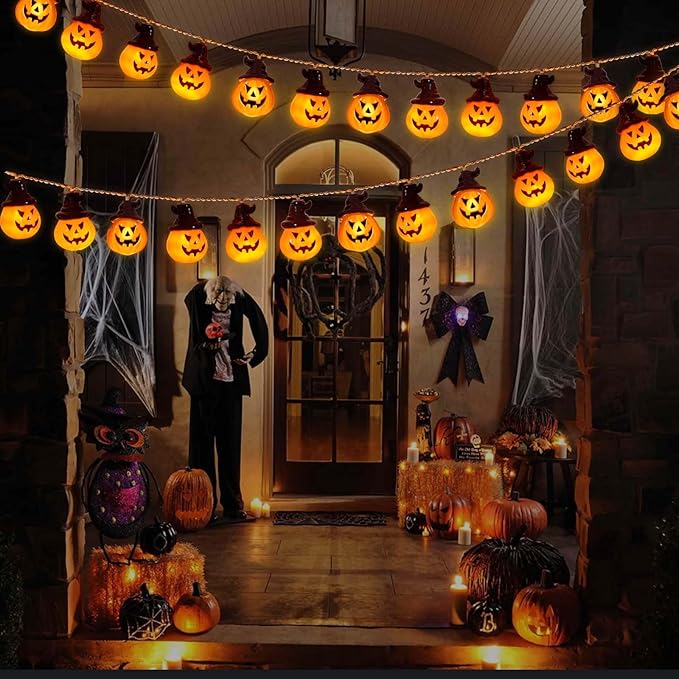 Battery Operated Pumpkin Lights for Halloween Decorations Indoor, Jack-o-Lantern String Lights for Halloween Party Front Door Porch Fireplace Camper Golf Cart Parade Garland Wreath Decor