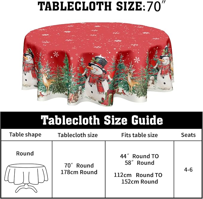 Red Christmas Round Tablecloth 70 Inch Xmas Snowman Pattern Circle Table Cloth Winter Snowflake Table Cover Washable Polyester Decorations for Home Kitchen Dinning Party