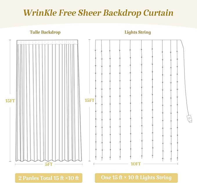 10ft×15ft Pink Tulle Backdrop Curtains with Lights String for Parites Pink Sheer Backdrop Curtains for Baby Shower Girls Birthday Party Wedding Bridal Shower Photo Shoot Background 2 Panels 5×15ft