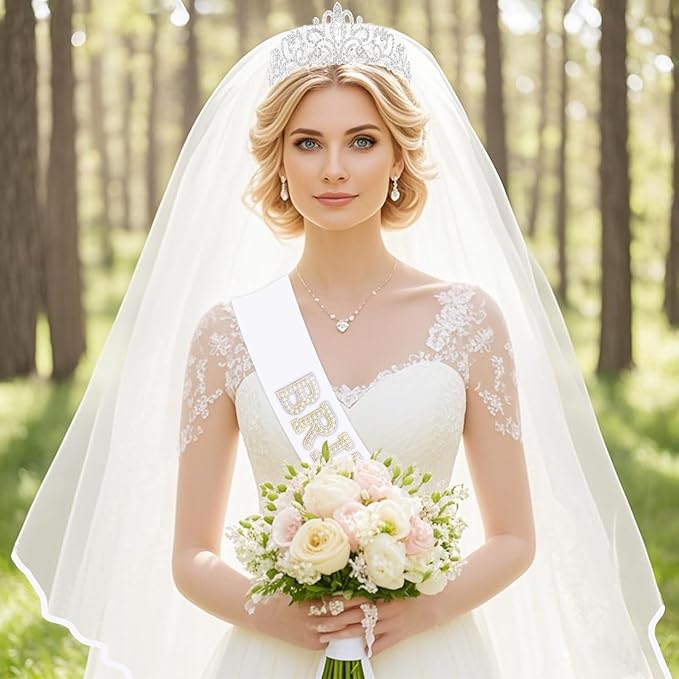 3Pcs Bachelorette Party Set-Wedding Tiara Crown, Veil with Comb & 'Bride' Sash - Bridal Decorations & Accessories Gift