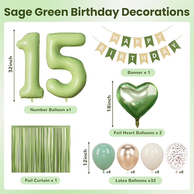 Sage Green 15th Birthday Decorations for Quinceanera, Mis Quince Party Supplies with Green Number 15 Balloon, Sand White & Cream Balloon Kit and Fringe Curtains