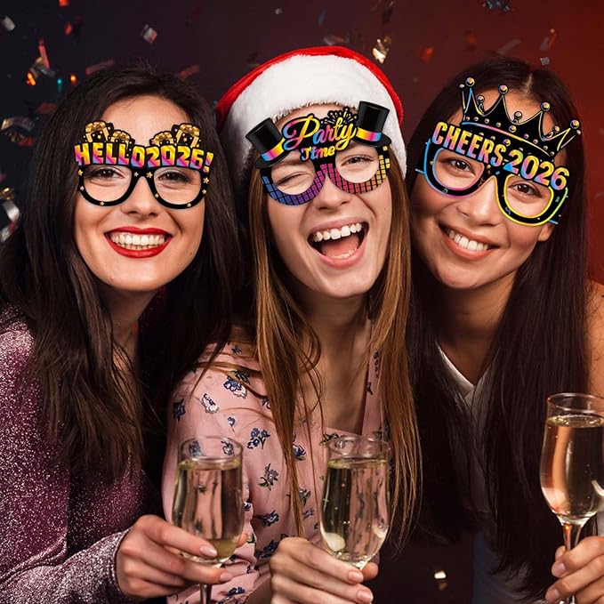 Happy 2026 New Years Glasses - Pack of 8, New Years Eve Party Supplies 2026, New Year Photo Booth Props (Multicolor)