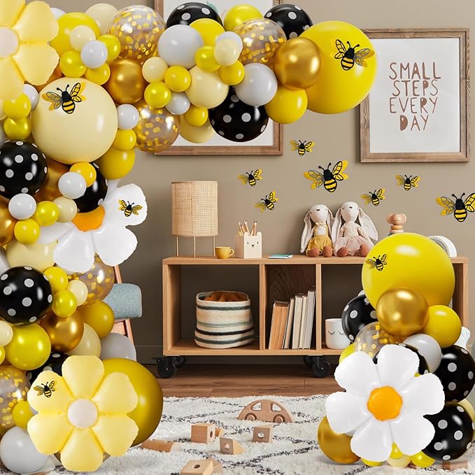 VinTS 140 Pcs Bee Balloons Garland Kit,Yellow Black White Balloons with Bee Stickers Gold Confetti Daisy Foil Balloons for Honey Bee Birthday Baby Shower Spring Theme Party Decoration
