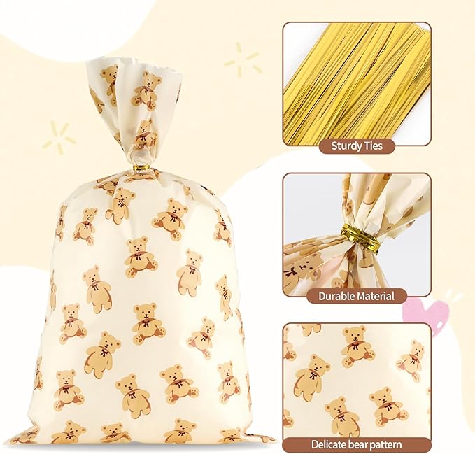 Docvania Bear Cellophane Treat Bags Plastic Gift Bag 100 pcs 7 X 12 Bear Cookie Bags with Ties Goodie Candy Bag Suitable for Mother's Day, Valentine's Day, and Holiday Parties