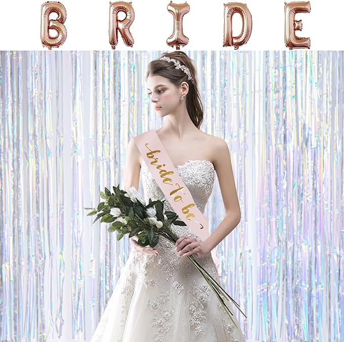 FOIMAS Bride To Be Veil Sash Set,Rose Gold Sash with Headband for Bridal Shower Bachelorette Party Wedding Engagement Party Accessories