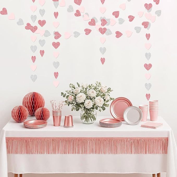 Rose-Gold Pink Silver Party Decorations - 52Ft Paper Heart Garland Streamer Women Girls Birthday Banner Baby Bridal Shower Bachelorette Engagement Banner Mothers Day Hanging Decor HongTongTong