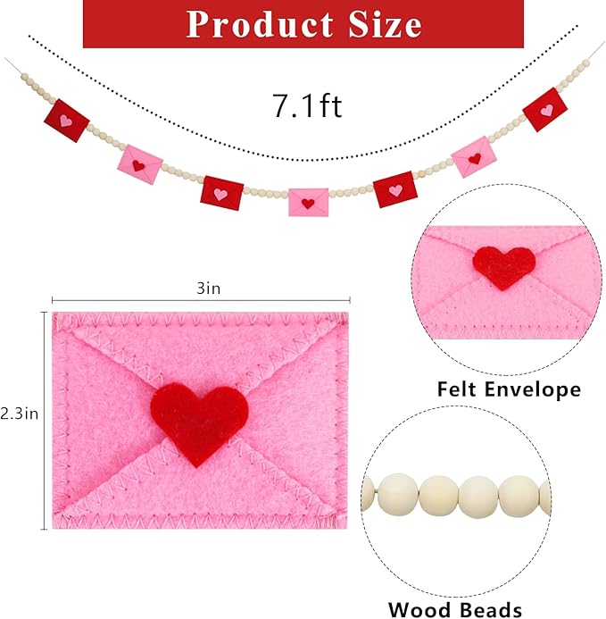 DAZONGE Retro Valentines Day Decor, Felt Envelope Wood Bead Valentines Garland Banner, Valentine’s Day Banner for Wedding, Anniversary Decor