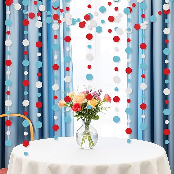 Outus 5 Pieces Colorful Dots Paper Garland Easter Decor Round Glitter Hanging Confetti Streamers Backdrop for Spring Birthday Classroom Halloween Trunk or Treat Car Decoration (Light Blue,White,Red)