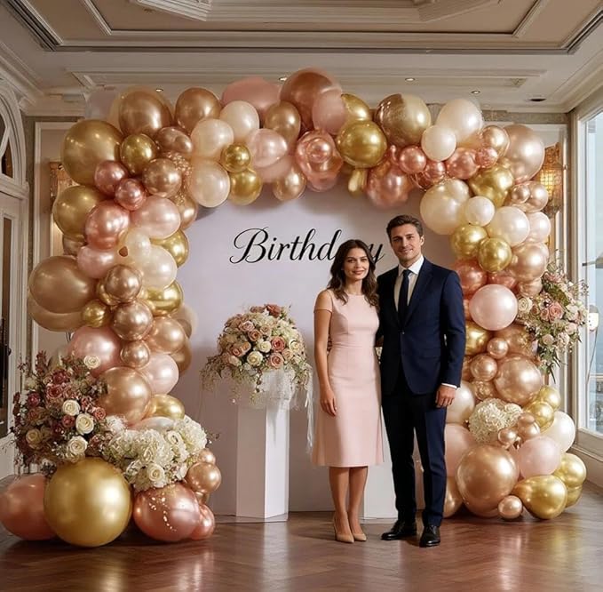 Rose Gold Balloon Garland 112pcs Double Stuffed Pearl Pink Balloons Different Sizes of 18 12 5 Inch Metallic Gold Champagne Balloon Arch Kit for Birthday Baby Shower Bridal Wedding Party Decor