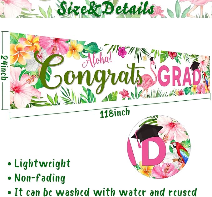 Aloha Congrats Grad Banner Graduation Decorations Class of 2026 Large Luau Grad Yard Sign Hawaiian Hanging Grad Backdrop Outdoor/Indoor Tropical 2026 Graduation Party Supplies 118"x 24"