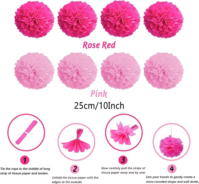ZERODECO Party Decorations, 41 Pcs Pink Papar Fans Pompoms Garlands String Tissue Paper Tassel for Fiesta Home Bridal Baby Shower Wedding Boy Girl Birthday Party