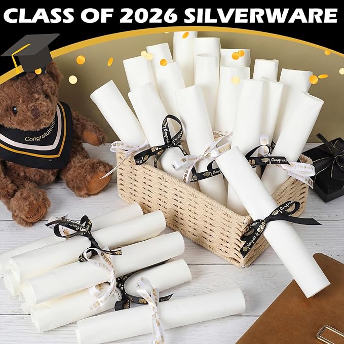 120 Set Congrats Grad Guest Napkins Black and White Rolled Silverware Disposable Grad Award Dinner Napkin with Ribbon and Scissors for Celebration