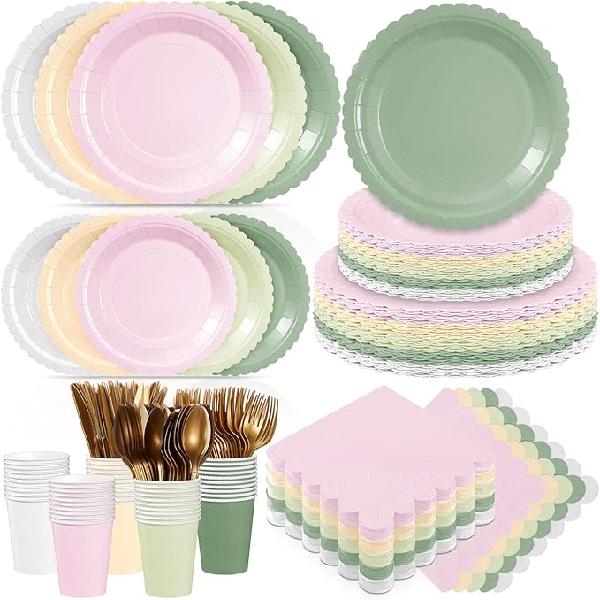 Zhehao 175 Pcs Pink and Sage Green Style Party Supplies Set Pink and Green Disposable Tableware Kit with Plates, Cups, Napkins, Cutlery in Natural Earth Tones for Baby Shower, Birthday