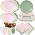 Zhehao 175 Pcs Pink and Sage Green Style Party Supplies Set Pink and Green Disposable Tableware Kit with Plates, Cups, Napkins, Cutlery in Natural Earth Tones for Baby Shower, Birthday