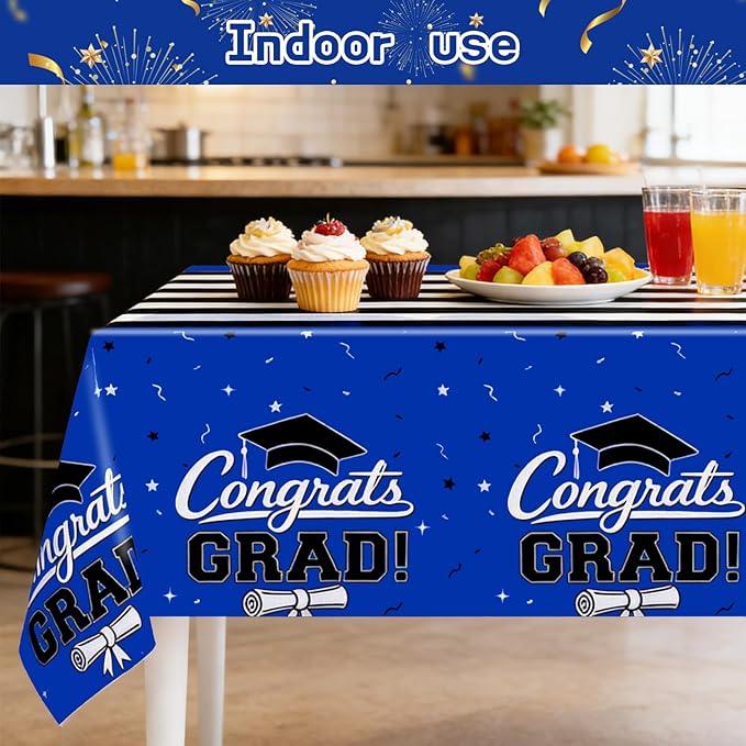 7-Pack Graduation Party Decorations Set, 3 Blue Graduation Tablecloths 54x108in, 2026 and Grad Balloons, 2 Foil Fringe Curtains for High School College Graduation Party Photo Booth