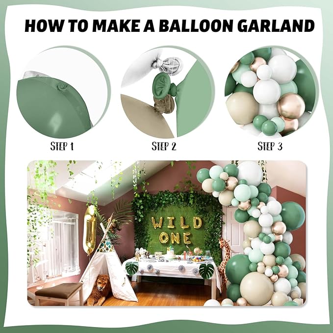 Sage Green Balloon Garland Kit, Green and White Balloon Arch Kit Olive Green White Gold Champagne Party Balloons Lime Green Beige Latex Balloons for Baby Shower Birthday Jungle Safari Party Decoration