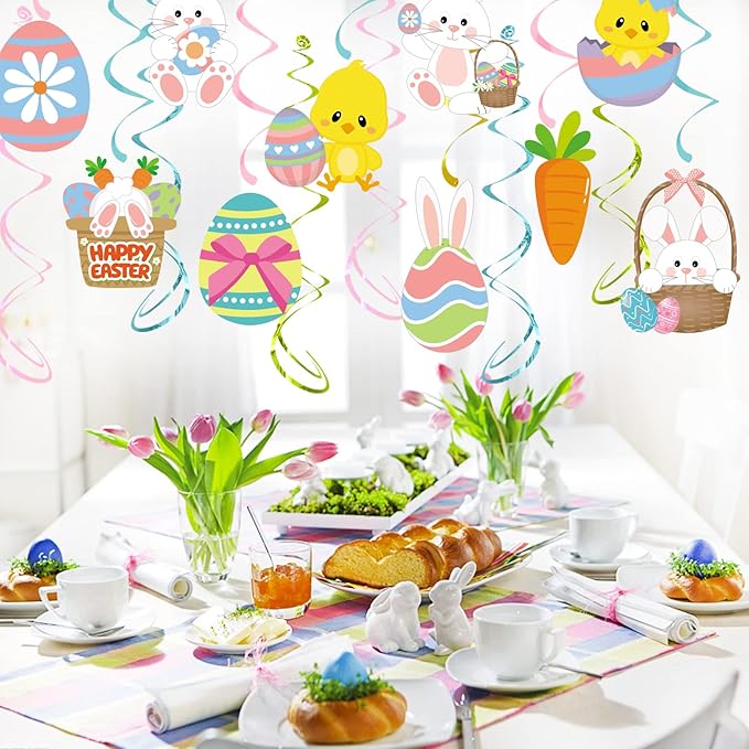 Easter Party Decorations Egg-Bunny Swirl Banner - 16pcs Easter Birthday Party Favors Supplies Gifts Hanging Decoration Streamers School Office Indoor Decor Panduola