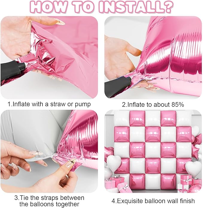 Pink White Square Foil Balloon Wall,25Pcs Double Sided Foil Balloons Backdrop Helium Polyester Tunnel Arch Garland Kit for Birthday Bridal Anniversary Baby Shower Party Decorations