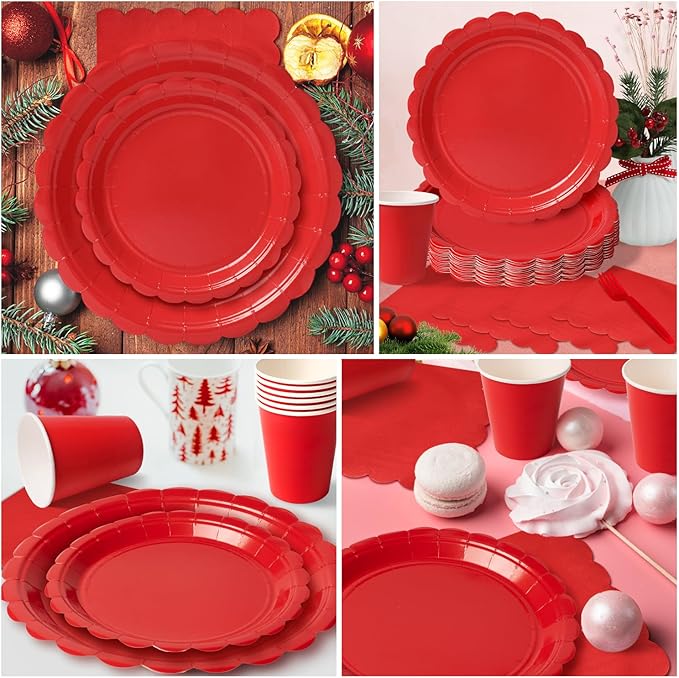 Vyntra 175 Pcs Red Disposable Paper Plates and Napkins Set for 25, 9" Dinner Plates & 7" Dessert Plates, Tableware for Christmas, Valentine’s Day, Birthday, Party