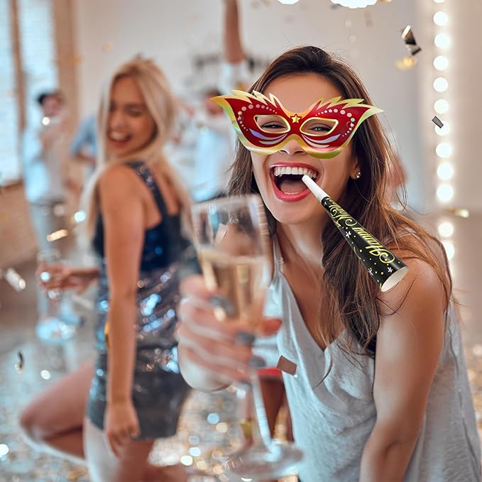 Fancy Land New Years Eve Party Supplies for 25 Guests 2026 75 Pcs NYE Party Supplies Gold Silver NYE Hats Glitter Tiaras Decorations Noise Makers Paper Masks Favors Kits