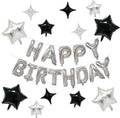 KALOR Silver and Black Happy Birthday Balloons Kit with 16 Inch Mylar Foil Letters Balloon and Star Balloons for Birthday Party Decorations Photo Booth Backdrop