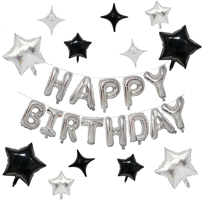 KALOR Silver and Black Happy Birthday Balloons Kit with 16 Inch Mylar Foil Letters Balloon and Star Balloons for Birthday Party Decorations Photo Booth Backdrop