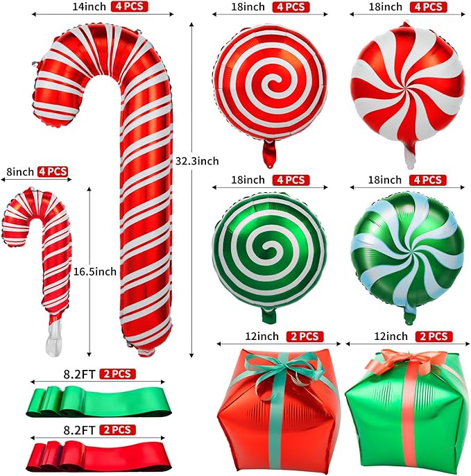 32Pcs Christmas Balloons, Christmas Candy Cane Foil Balloons with Ribbons, Red Green Mylar Balloon for Party Decorations