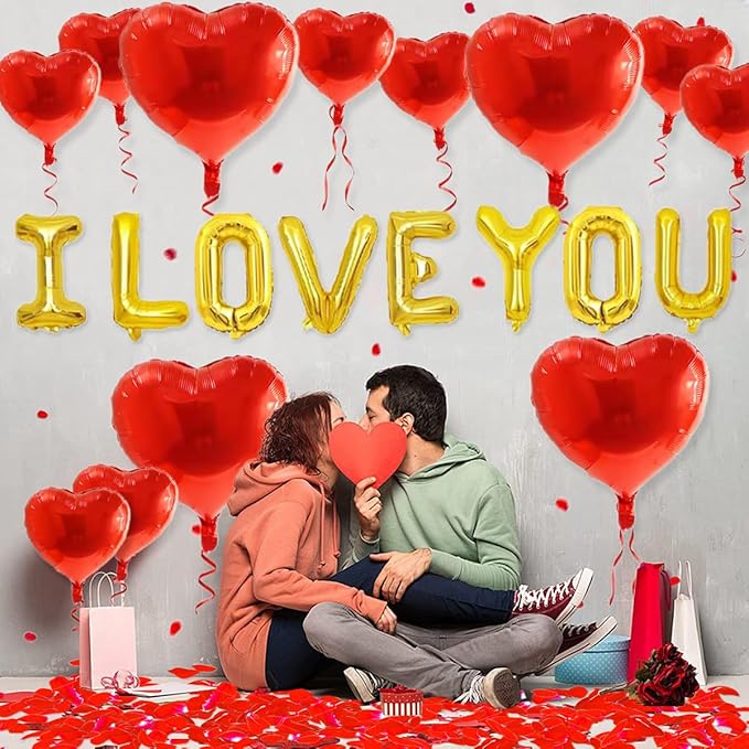 2 set 16 inch I Love You Balloons and Heart Balloon with 500 Pieces Rose Petals, Gold I Love You Letter Balloons for Him/Her Valentines Day Decorations Wedding Anniversary Engagement