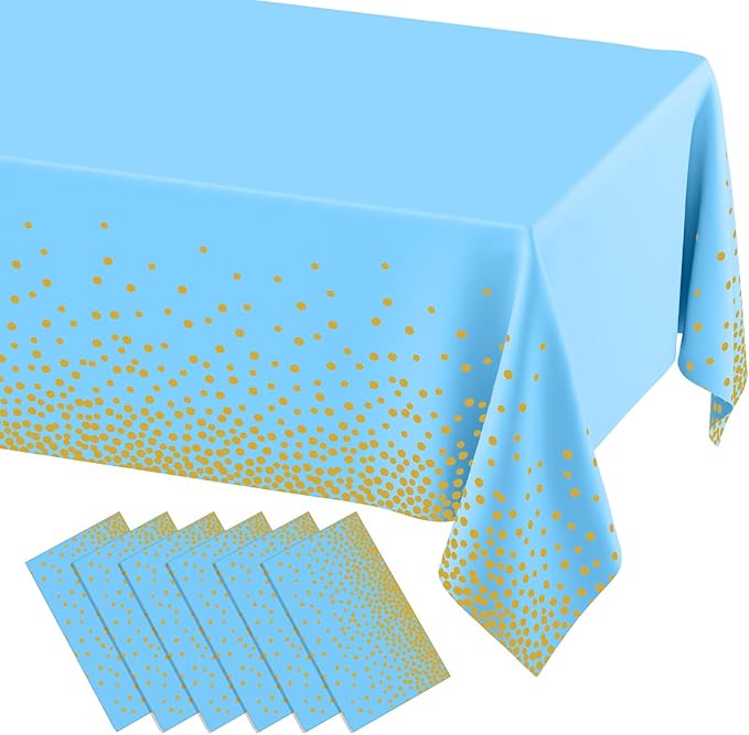 misaya 6 Packs Dot Disposable Table Cloth, 54 x 108 Inch Waterproof Plastic Tablecloth, Rectangle Gold Dots in Light Blue Table Covers for Easter, Picnic, Birthday, Party
