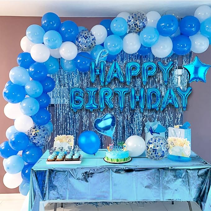MOVINPE Blue Birthday Party Decoration, Happy Birthday Banner, Sky-Blue Fringe Curtain, Foil Tablecloth, Heart Star Foil Confetti Balloons, 10g Table Confetti for Girl Boy Kids Men Women Adults