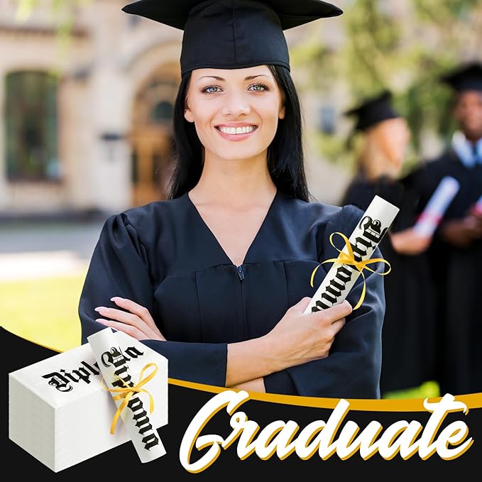 100 Set Graduation Diploma Guest Napkins Gold Rolled Silverware Disposable Grad Award Dinner Napkin with Ribbon and Scissors for Celebration