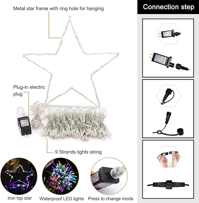 Christmas Decoration Star Lights Outdoor, 320 LED 16.4Ft Christmas Tree Toppers String Lights[8 Modes& Waterproof] for Halloween Xmas New Year Holiday Birthday (Iron-Multicolor)