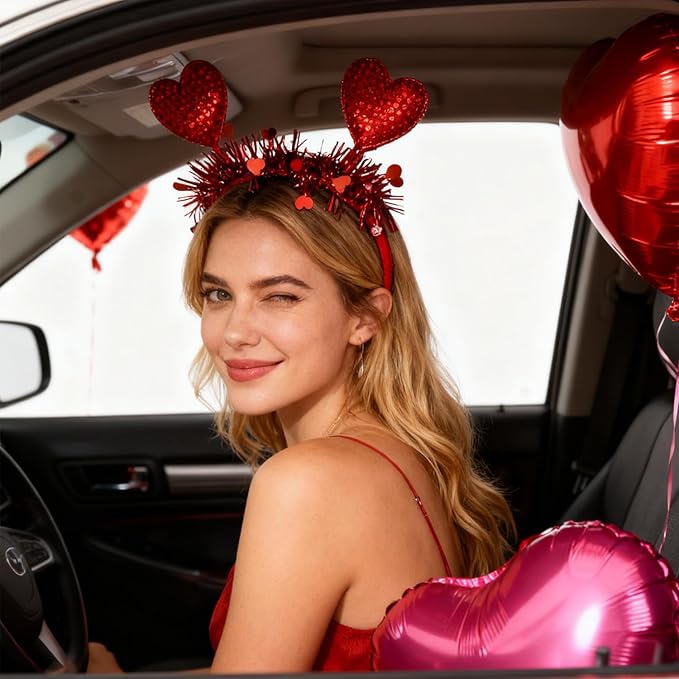 Valentines Headband with Sequin Heart Designs Red Heart Headbands Shiny Red Tassel Head Bopper Romantic Valentines Hair Accessories for Valentines Lover Party Hair Accessory Supplies 1pcs