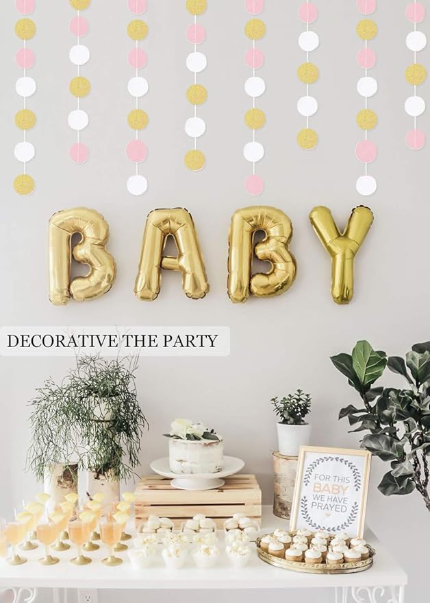 MerryNine Paper Garland 5 Pack, 65 Ft Glitter Paper Garland Circle Dots Hanging Decor, Banner for Baby Shower, Birthday, Nursery Party Decor (Pink White Gold)