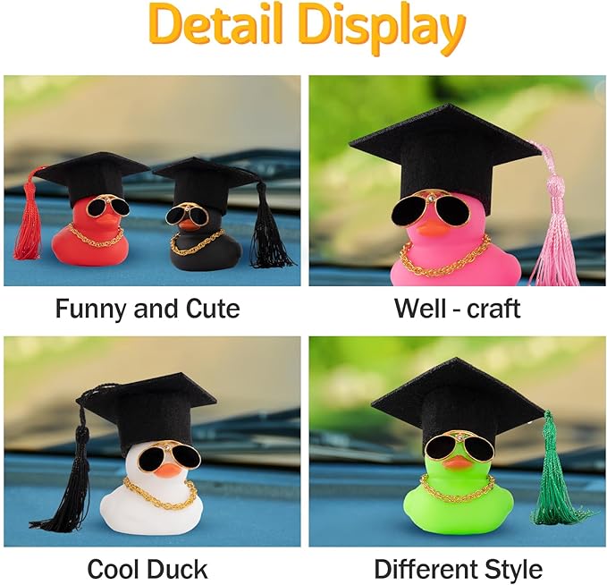 wonuu Car Dashboard Decor Graduation Hat Color Rubber Duck, Car Ducks Ornaments with Mini Graduation Hat Necklace Sunglasses (White)
