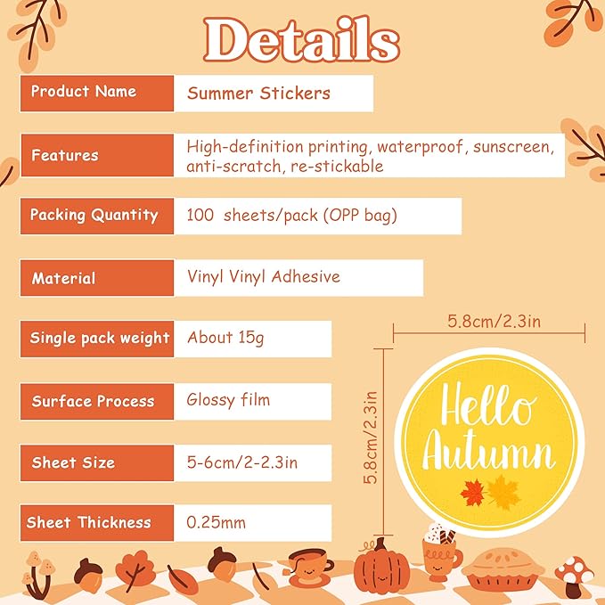 OHOME Fall Stickers | 100 PCS Thanksgiving Stickers for Kids - Vinyl Thanksgiving Games Toys Gifts Activities Essentials Party Favors Supplies - Friendsgiving Crafts Bulk for Classroom Home