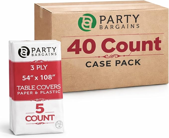 PARTY BARGAINS Disposable Table Covers, 54 x 108 Inch, White, 3-Ply Paper & Plastic Spill-Resistant Party Tablecloths, 40 Pack