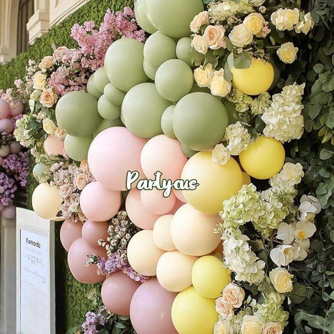 Pink Green Yellow Balloon Arch Double Stuffed, Dusty Green Light Yellow Mauve Ivory Pastel Balloon Garland Kit for Baby Shower Birthday Bridal Wedding Flower Valentine Party Decoration